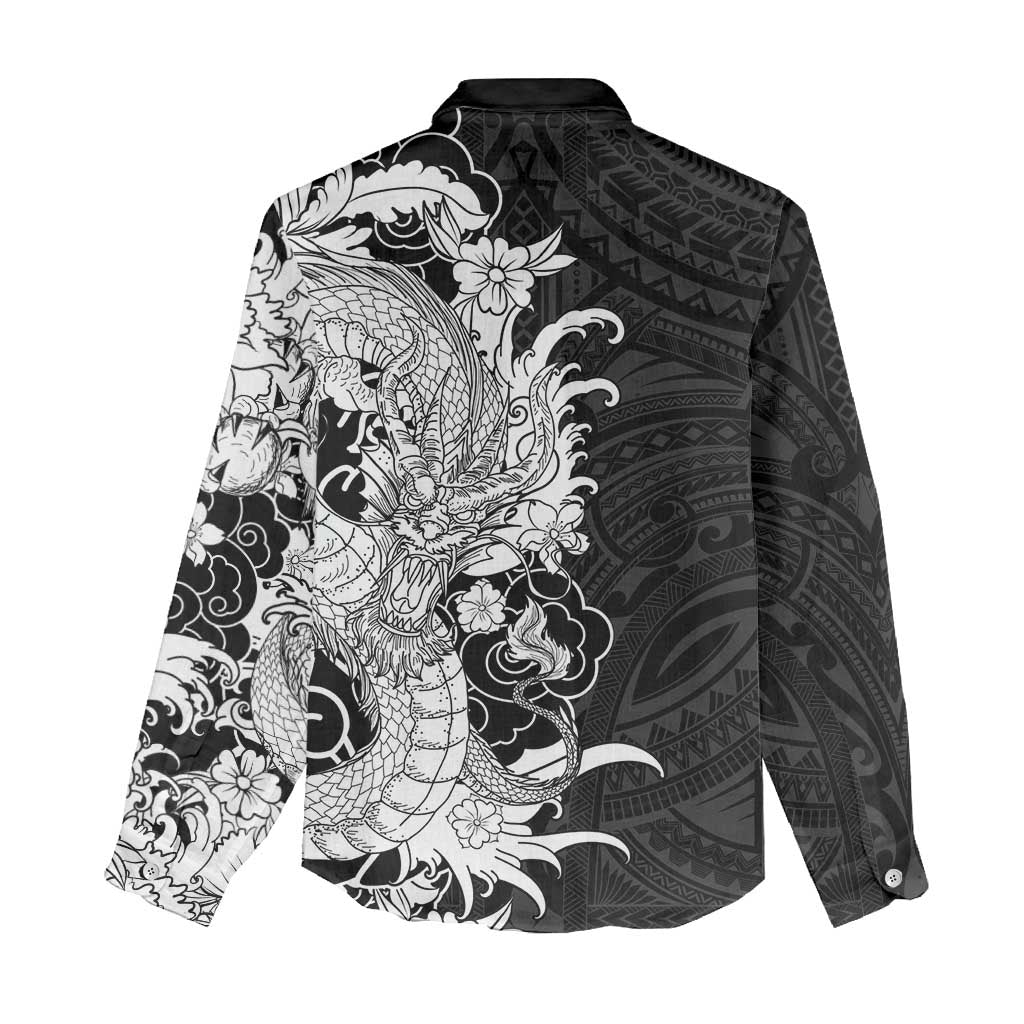 Hawaiian And Japanese Culture Women Casual Shirt Irezumi Dragon With Polynesian Pattern Black - Polynesian Pride
