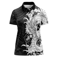 Hawaiian And Japanese Culture Women Polo Shirt Irezumi Dragon With Polynesian Pattern Black - Polynesian Pride