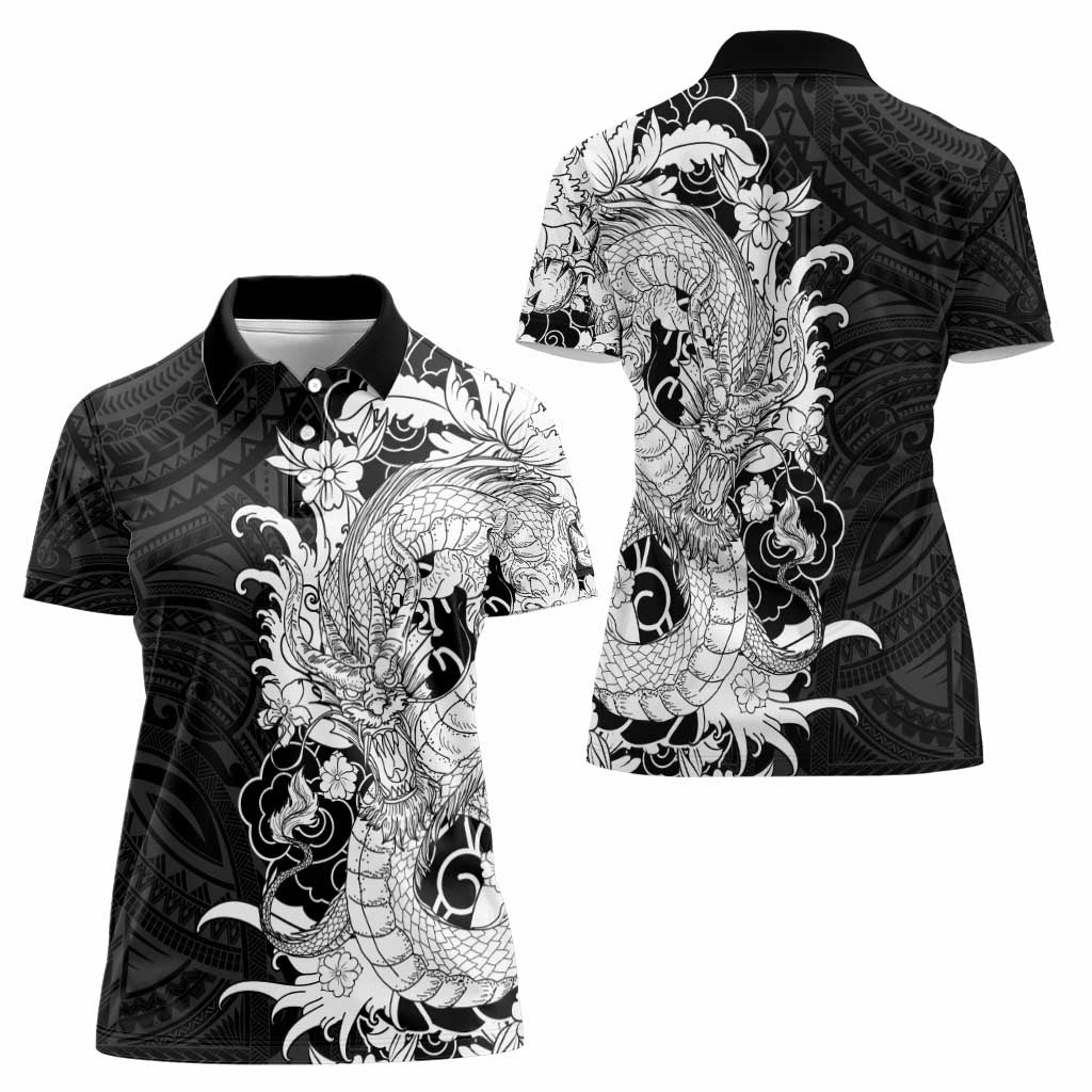 Hawaiian And Japanese Culture Women Polo Shirt Irezumi Dragon With Polynesian Pattern Black - Polynesian Pride