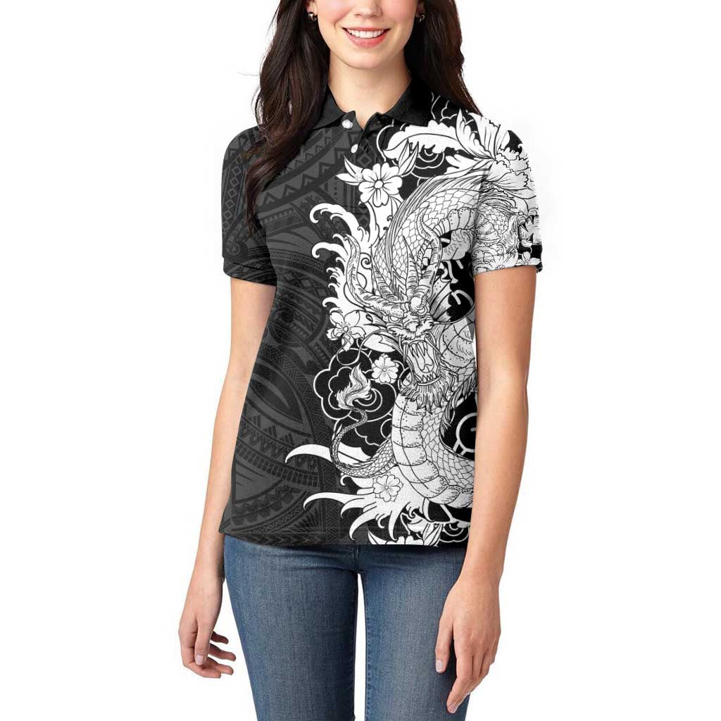 Hawaiian And Japanese Culture Women Polo Shirt Irezumi Dragon With Polynesian Pattern Black - Polynesian Pride