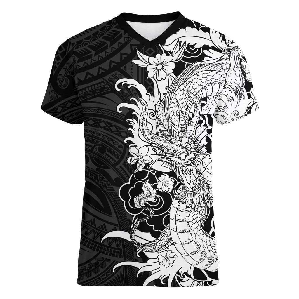 Hawaiian And Japanese Culture Women V-Neck T-Shirt Irezumi Dragon With Polynesian Pattern Black LT05 Female Black - Polynesian Pride