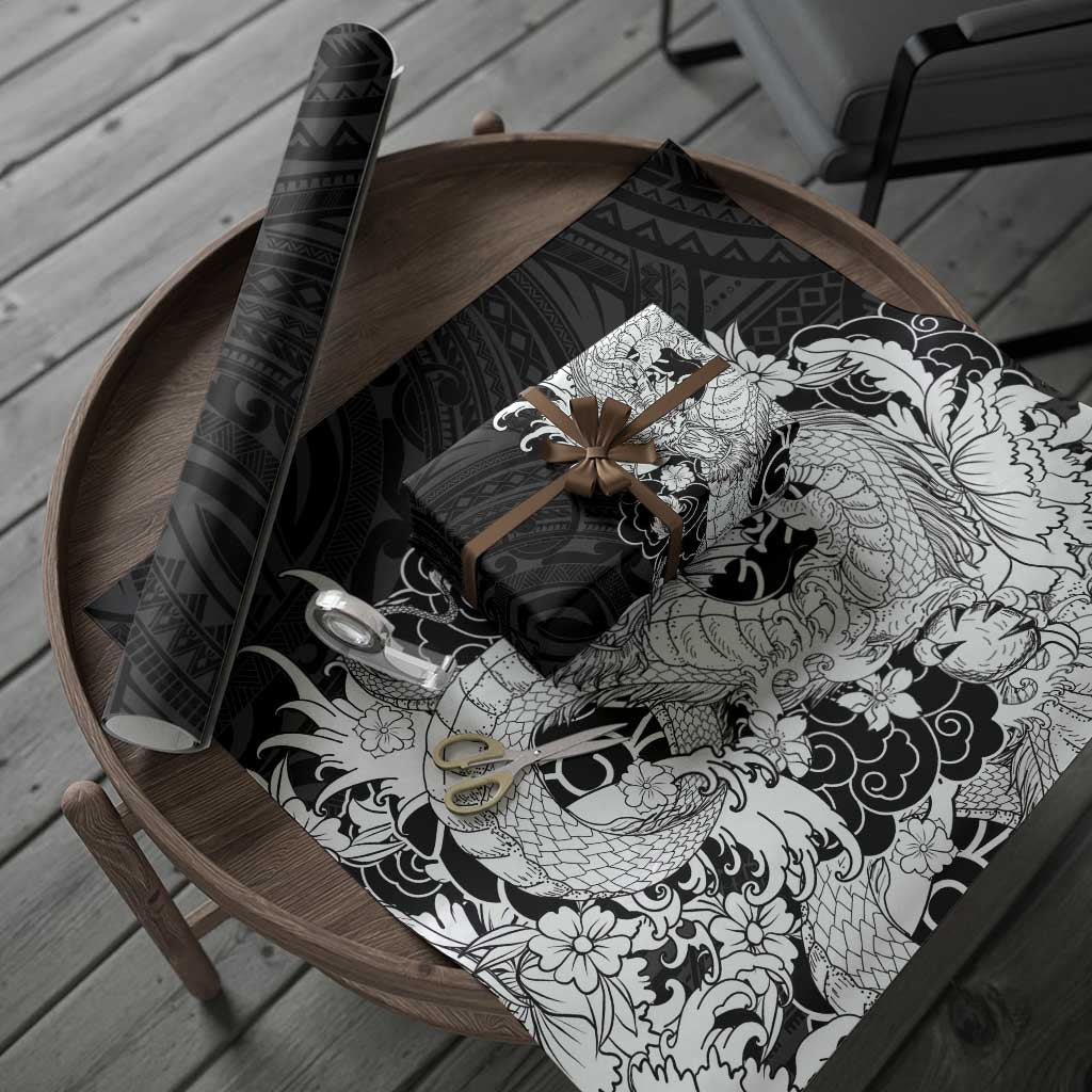 Hawaiian And Japanese Culture Wrapping Paper Irezumi Dragon With Polynesian Pattern Black LT05 - Polynesian Pride