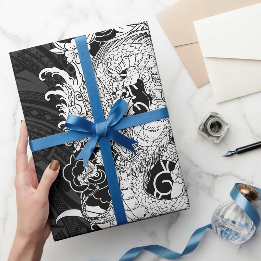 Hawaiian And Japanese Culture Wrapping Paper Irezumi Dragon With Polynesian Pattern Black LT05 - Polynesian Pride