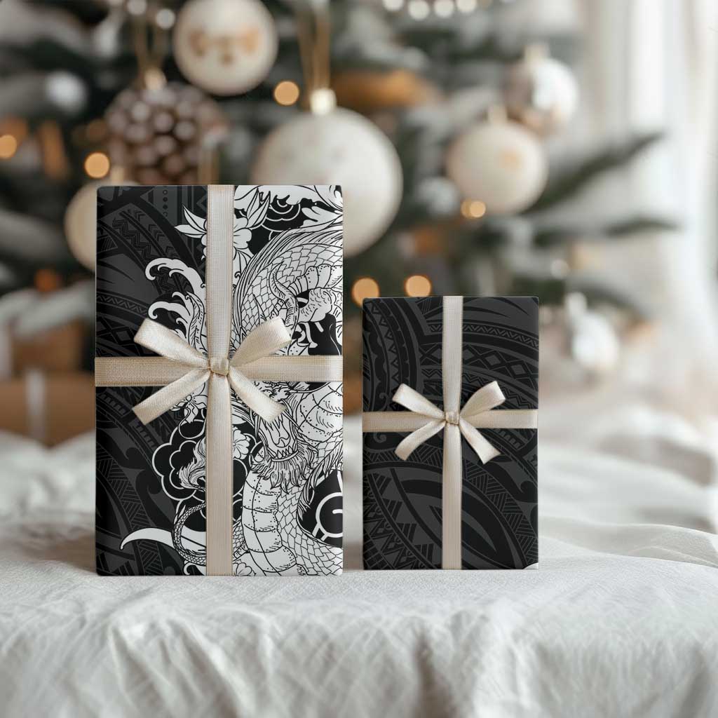 Hawaiian And Japanese Culture Wrapping Paper Irezumi Dragon With Polynesian Pattern Black LT05 - Polynesian Pride