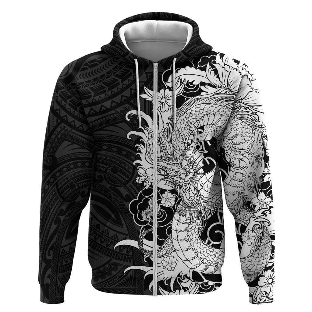 Hawaiian And Japanese Culture Zip Hoodie Irezumi Dragon With Polynesian Pattern Black LT05 Zip Hoodie Black - Polynesian Pride