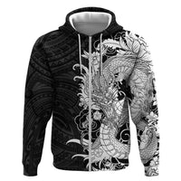 Hawaiian And Japanese Culture Zip Hoodie Irezumi Dragon With Polynesian Pattern Black LT05 Zip Hoodie Black - Polynesian Pride