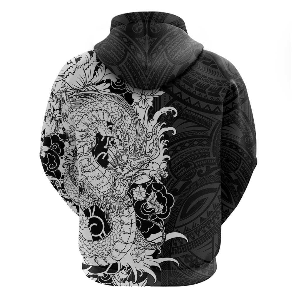 Hawaiian And Japanese Culture Zip Hoodie Irezumi Dragon With Polynesian Pattern Black LT05 - Polynesian Pride