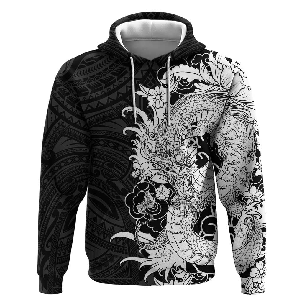 Hawaiian And Japanese Culture Zip Hoodie Irezumi Dragon With Polynesian Pattern Black LT05 Pullover Hoodie Black - Polynesian Pride