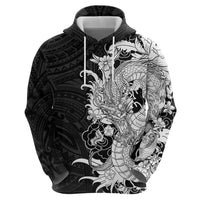 Hawaiian And Japanese Culture Zip Hoodie Irezumi Dragon With Polynesian Pattern Black LT05 - Polynesian Pride