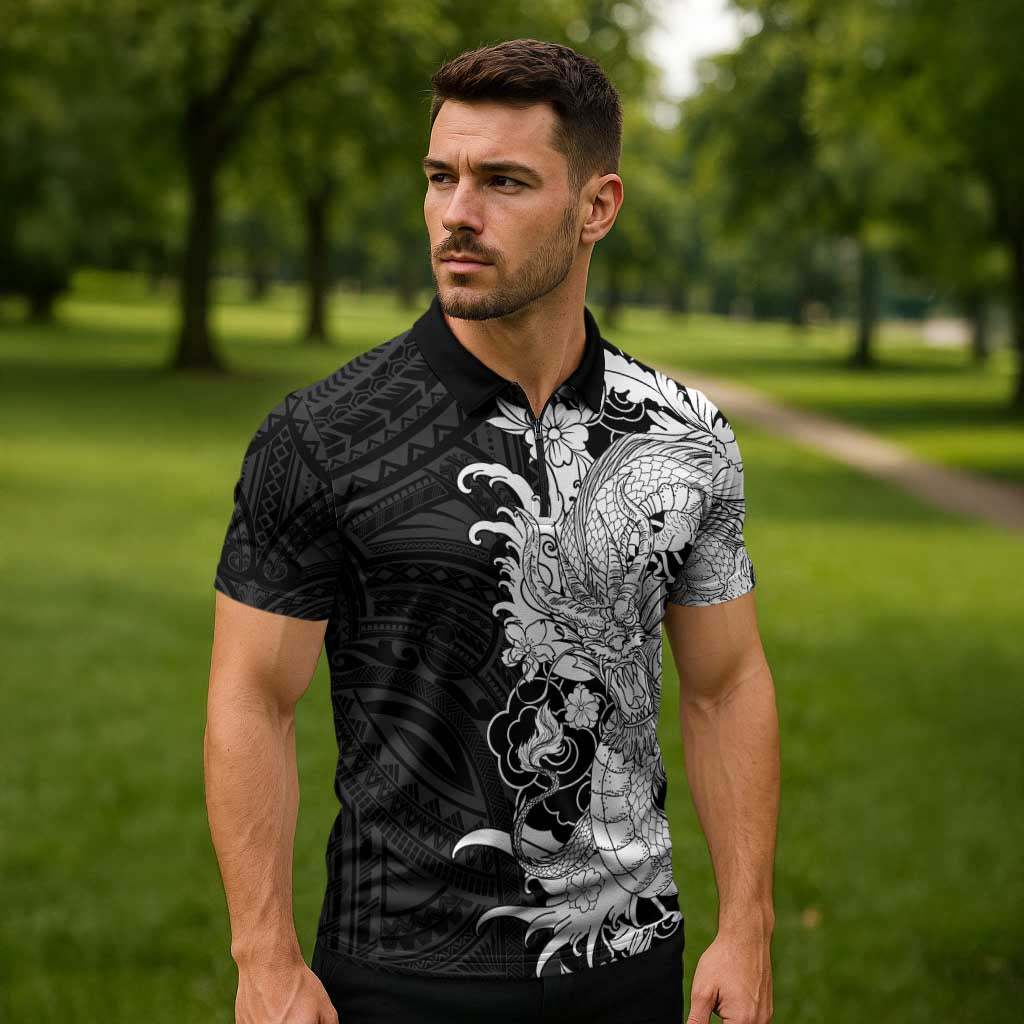 Hawaiian And Japanese Culture Zipper Polo Shirt Irezumi Dragon With Polynesian Pattern Black - Polynesian Pride
