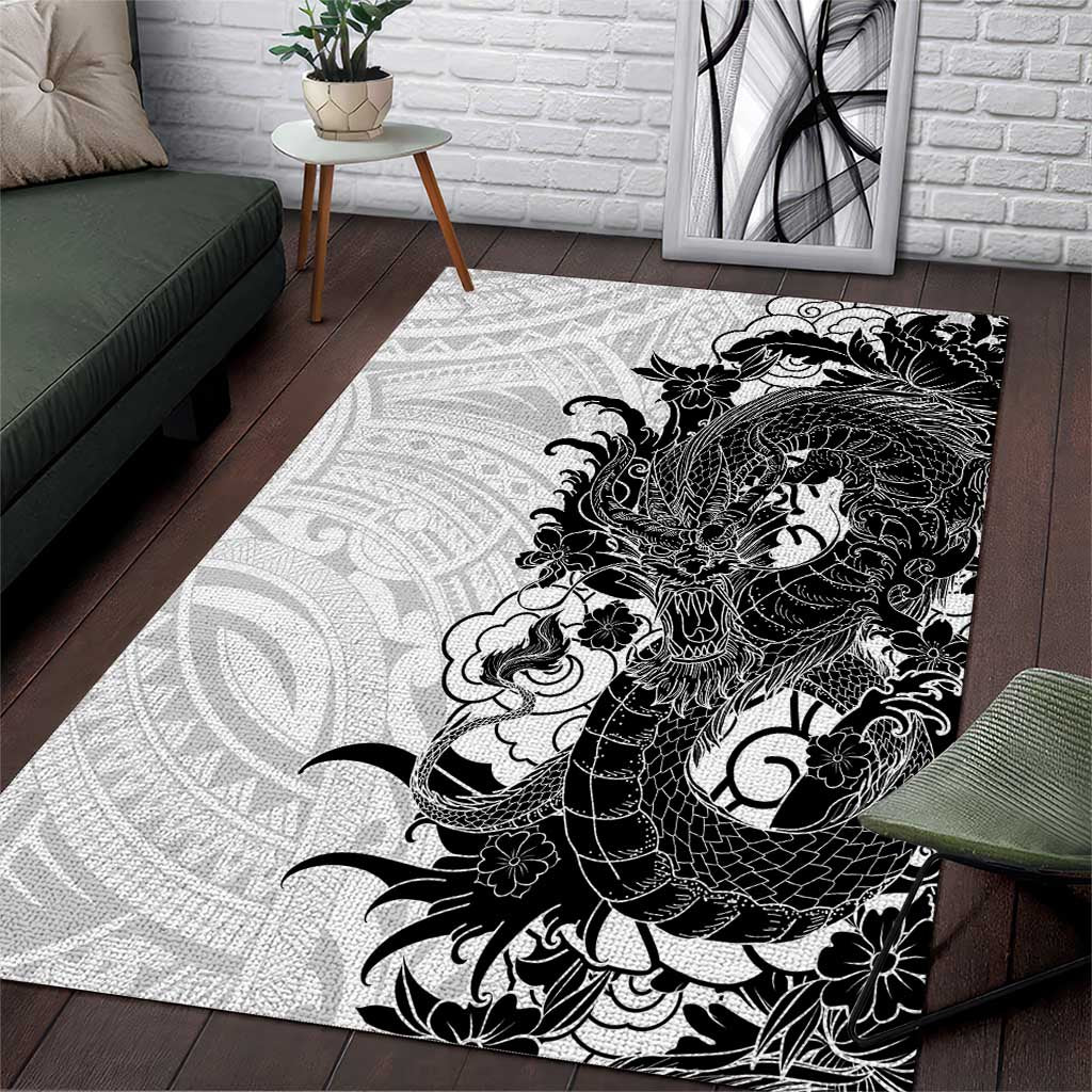 Hawaiian And Japanese Culture Area Rug Irezumi Dragon With Polynesian Pattern White - Polynesian Pride