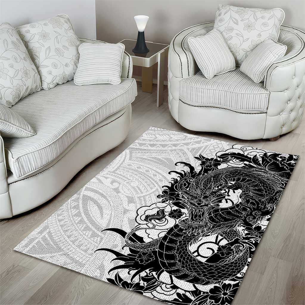 Hawaiian And Japanese Culture Area Rug Irezumi Dragon With Polynesian Pattern White - Polynesian Pride