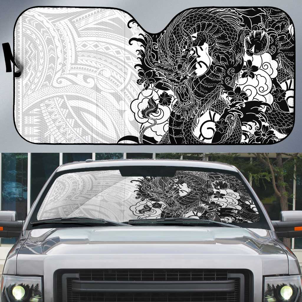 Hawaiian And Japanese Culture Auto Sun Shade Irezumi Dragon With Polynesian Pattern White - Polynesian Pride