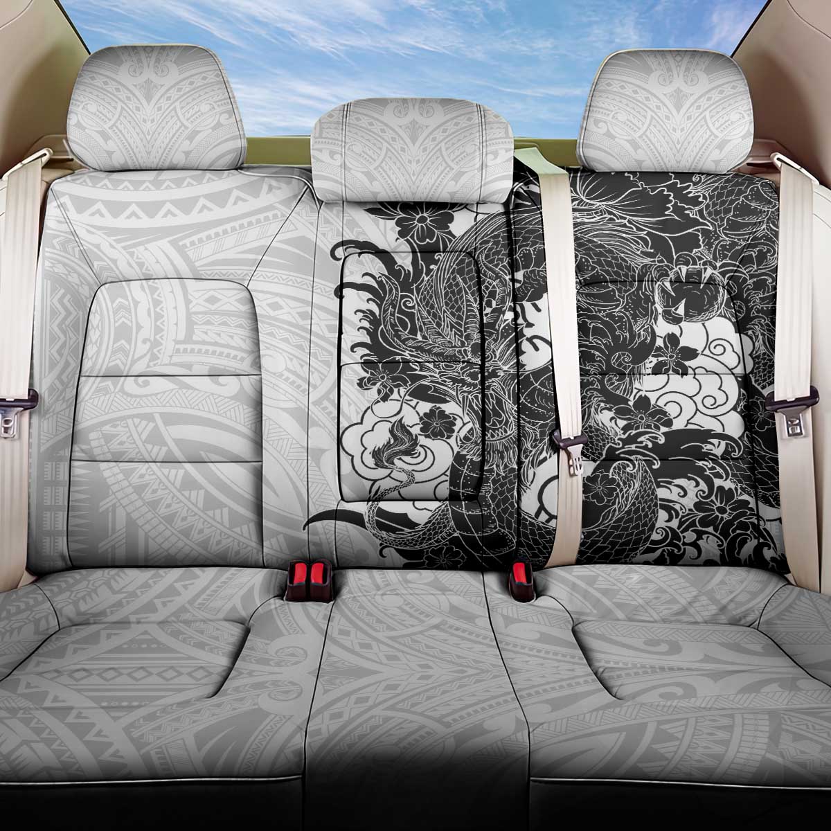 Hawaiian And Japanese Culture Back Car Seat Cover Irezumi Dragon With Polynesian Pattern White LT05 One Size White - Polynesian Pride