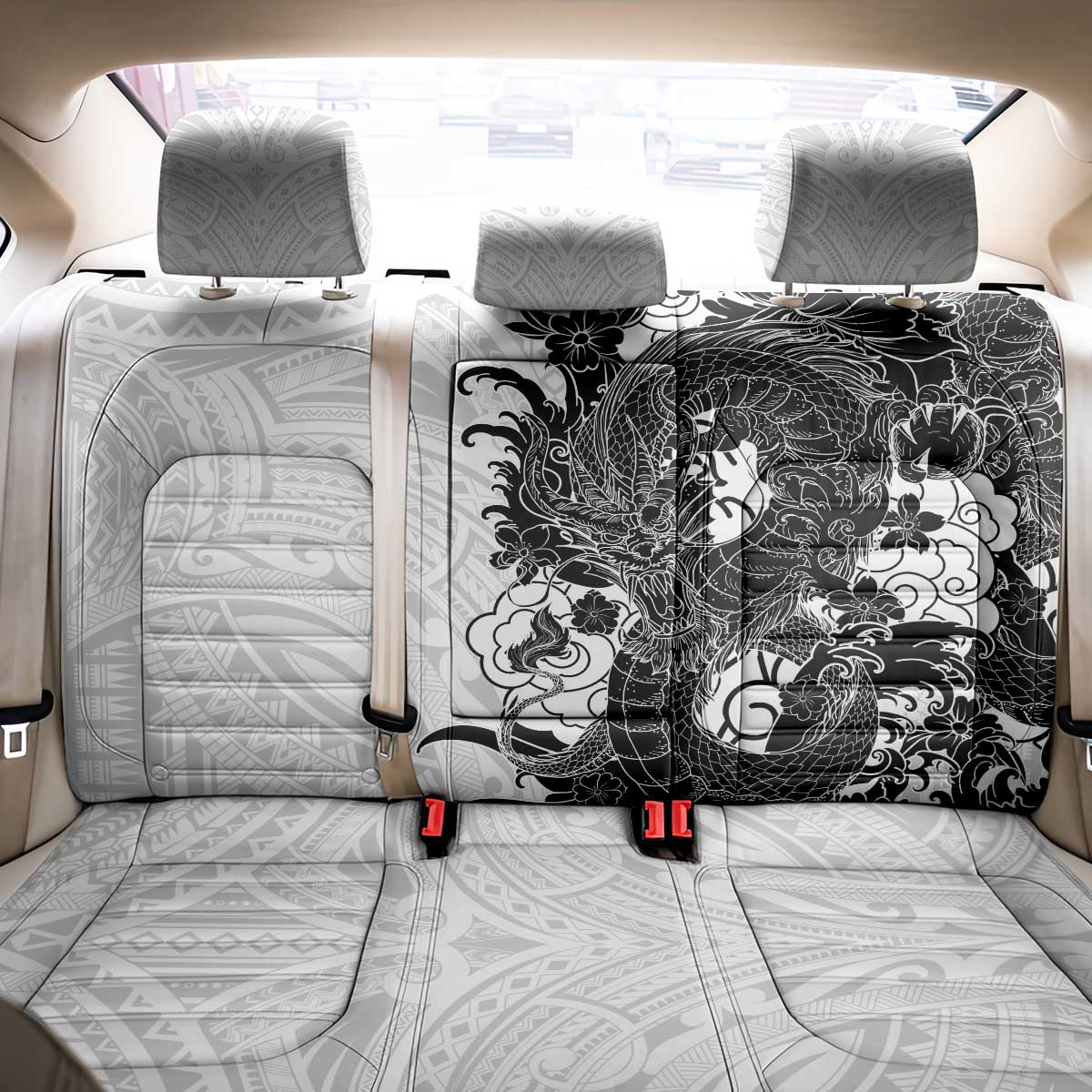 Hawaiian And Japanese Culture Back Car Seat Cover Irezumi Dragon With Polynesian Pattern White LT05 - Polynesian Pride