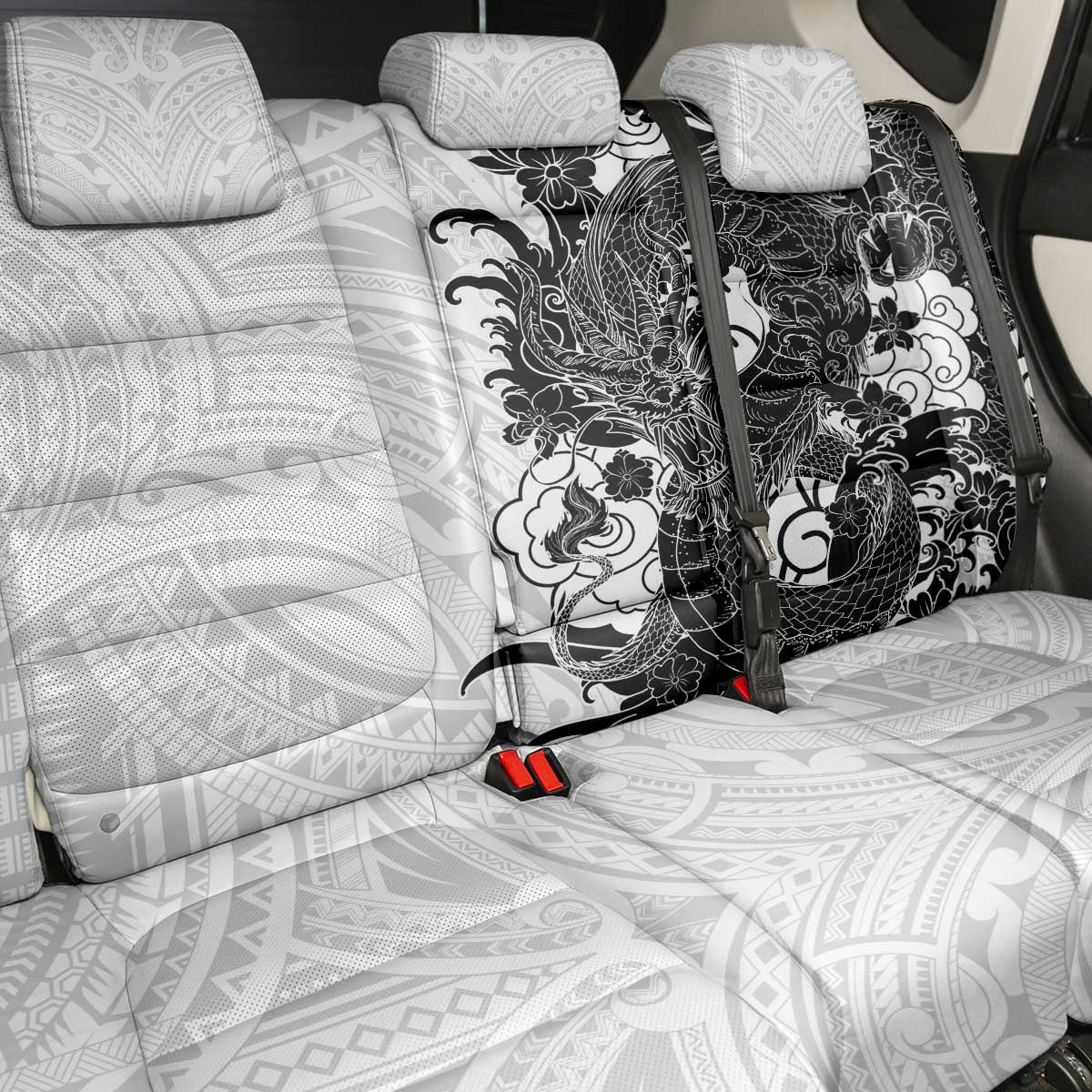 Hawaiian And Japanese Culture Back Car Seat Cover Irezumi Dragon With Polynesian Pattern White LT05 - Polynesian Pride