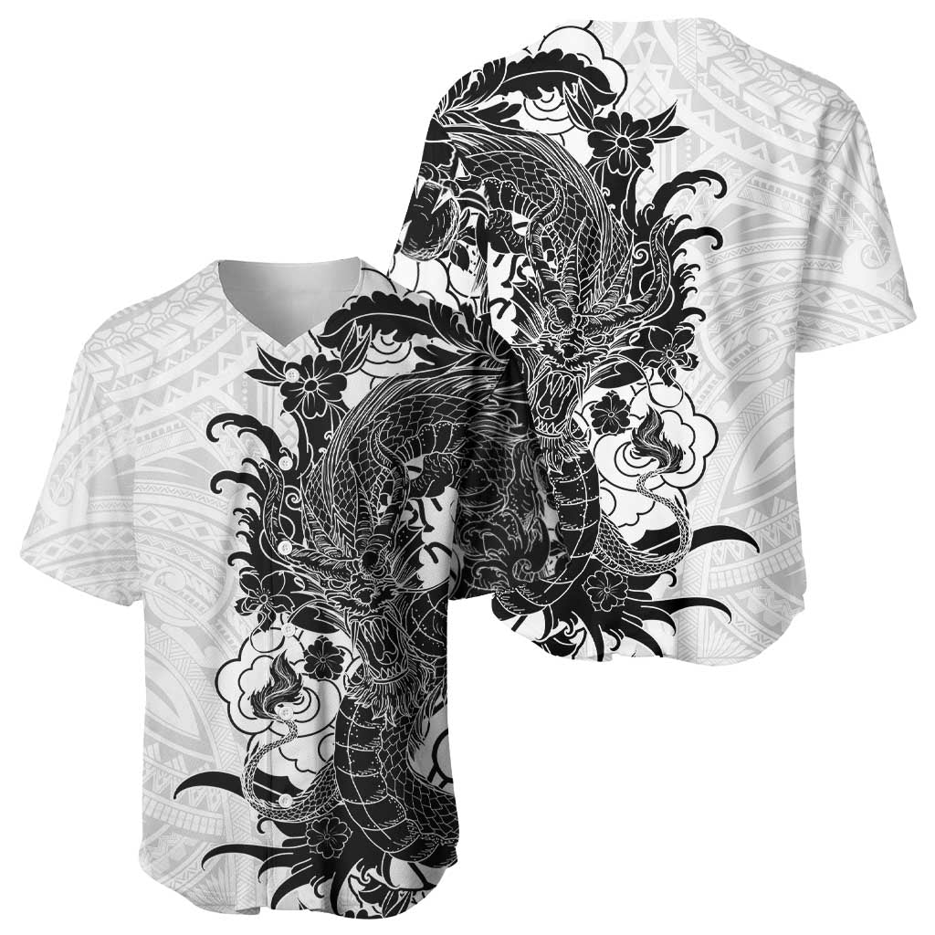 Hawaiian And Japanese Culture Baseball Jersey Irezumi Dragon With Polynesian Pattern White LT05 - Polynesian Pride