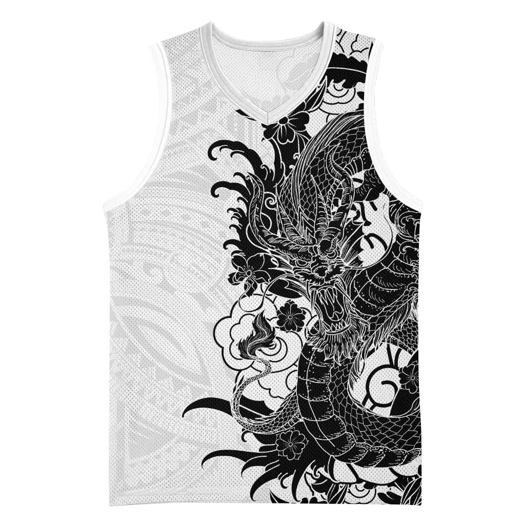 Hawaiian And Japanese Culture Basketball Jersey Irezumi Dragon With Polynesian Pattern White LT05 Unisex White - Polynesian Pride