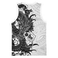 Hawaiian And Japanese Culture Basketball Jersey Irezumi Dragon With Polynesian Pattern White LT05 - Polynesian Pride