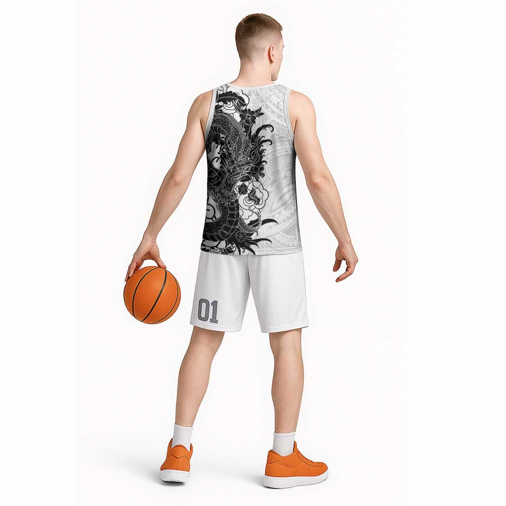 Hawaiian And Japanese Culture Basketball Jersey Irezumi Dragon With Polynesian Pattern White LT05 - Polynesian Pride