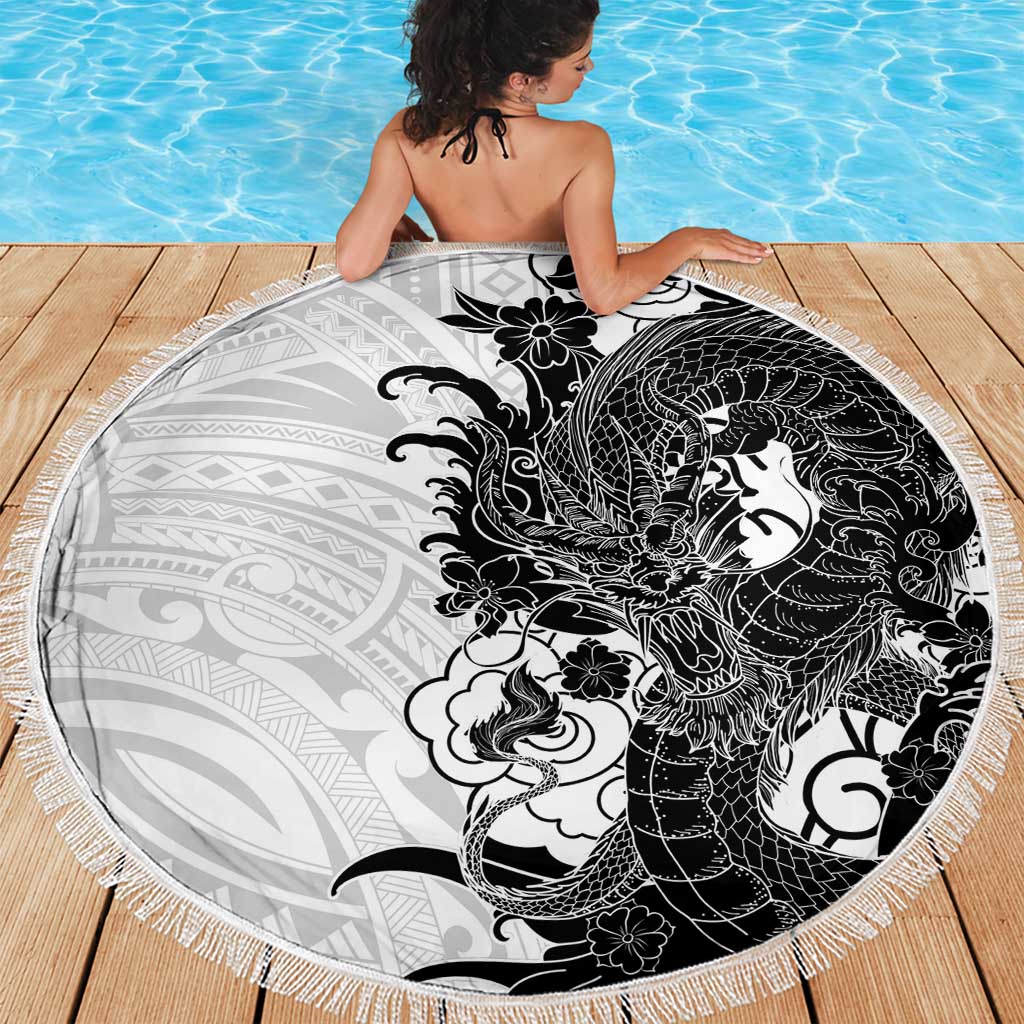Hawaiian And Japanese Culture Beach Blanket Irezumi Dragon With Polynesian Pattern White - Polynesian Pride