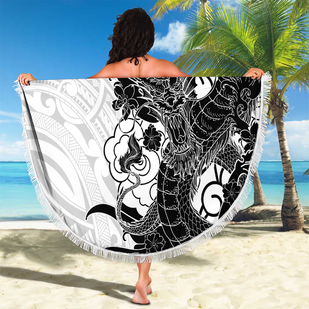 Hawaiian And Japanese Culture Beach Blanket Irezumi Dragon With Polynesian Pattern White - Polynesian Pride