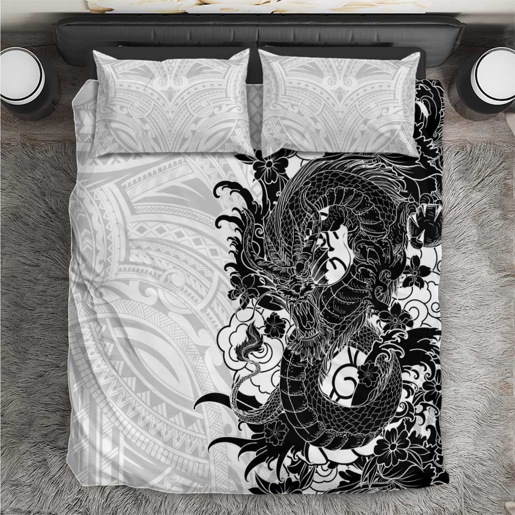Hawaiian And Japanese Culture Bedding Set Irezumi Dragon With Polynesian Pattern White - Polynesian Pride