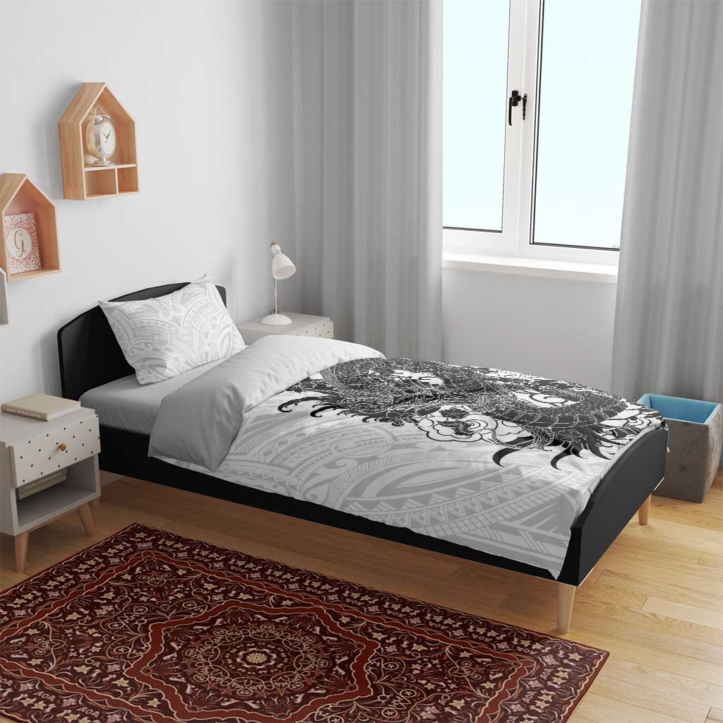 Hawaiian And Japanese Culture Bedding Set Irezumi Dragon With Polynesian Pattern White - Polynesian Pride