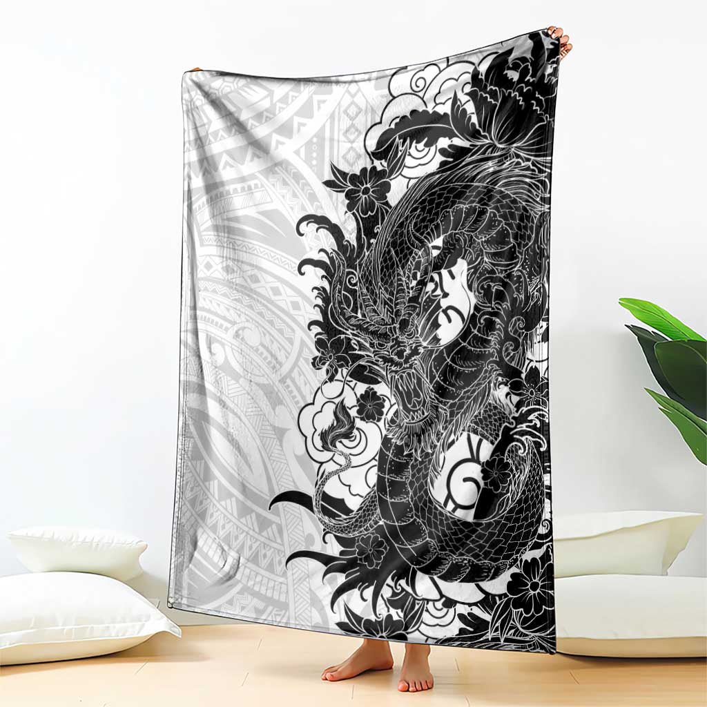Hawaiian And Japanese Culture Blanket Irezumi Dragon With Polynesian Pattern White - Polynesian Pride