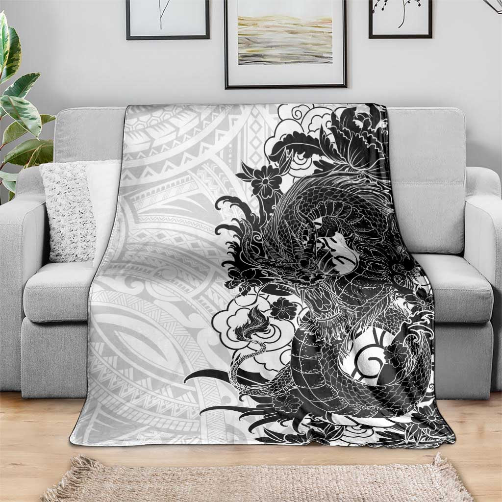 Hawaiian And Japanese Culture Blanket Irezumi Dragon With Polynesian Pattern White - Polynesian Pride