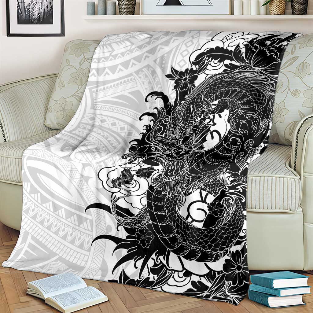 Hawaiian And Japanese Culture Blanket Irezumi Dragon With Polynesian Pattern White - Polynesian Pride