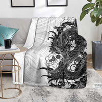 Hawaiian And Japanese Culture Blanket Irezumi Dragon With Polynesian Pattern White - Polynesian Pride
