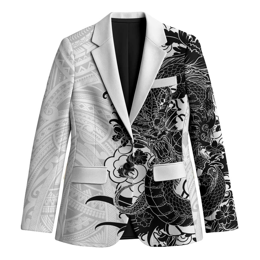 Hawaiian And Japanese Culture Blazer Irezumi Dragon With Polynesian Pattern White - Polynesian Pride