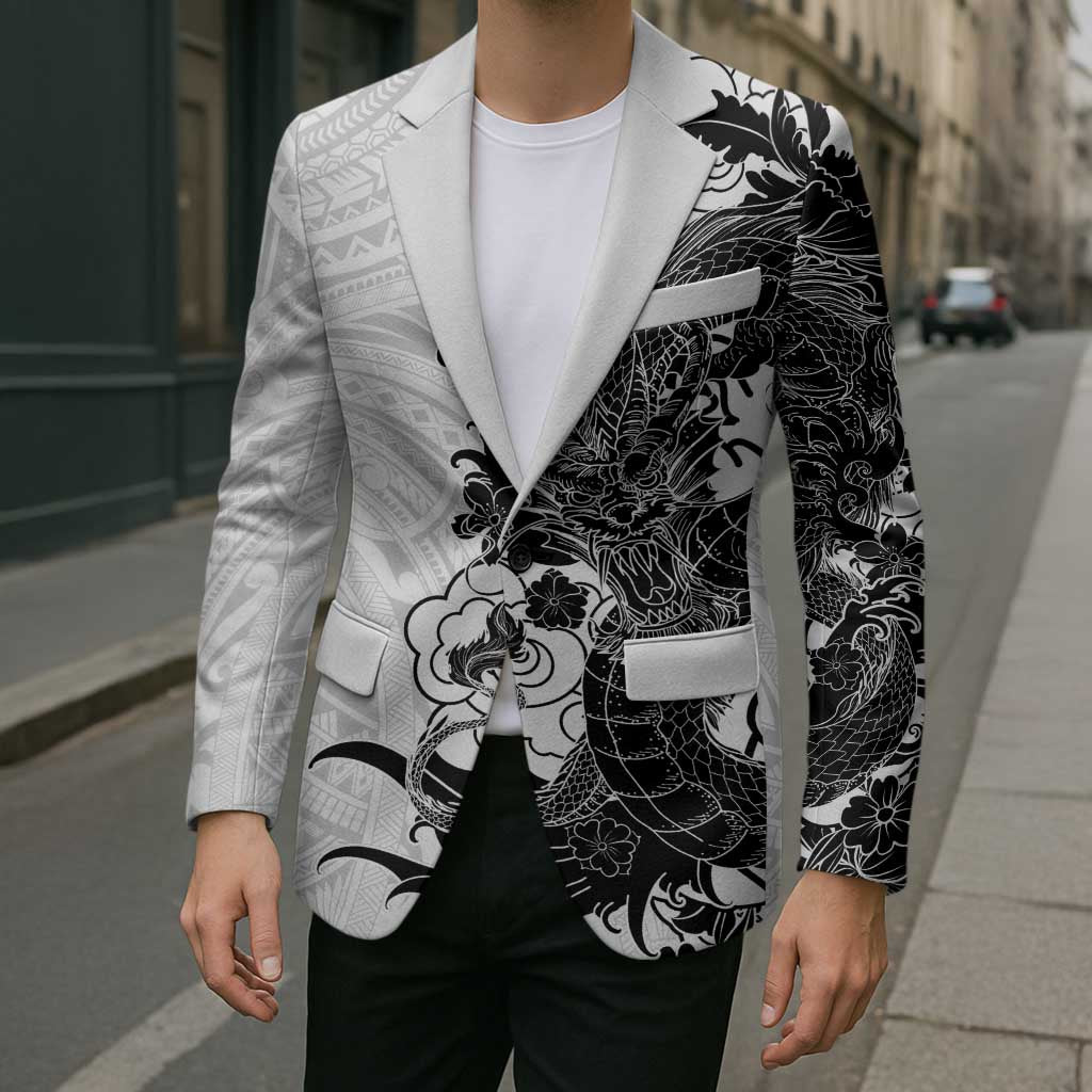 Hawaiian And Japanese Culture Blazer Irezumi Dragon With Polynesian Pattern White - Polynesian Pride