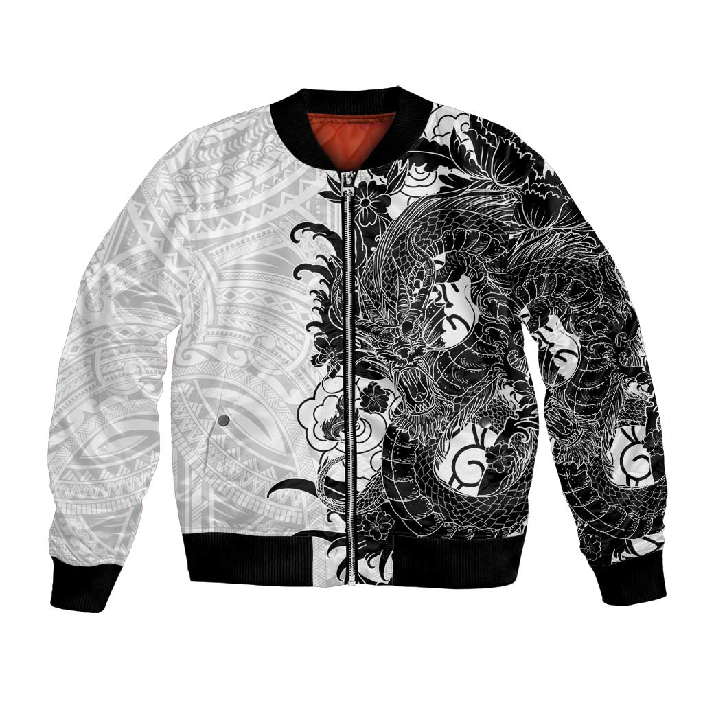 Hawaiian And Japanese Culture Bomber Jacket Irezumi Dragon With Polynesian Pattern White - Polynesian Pride