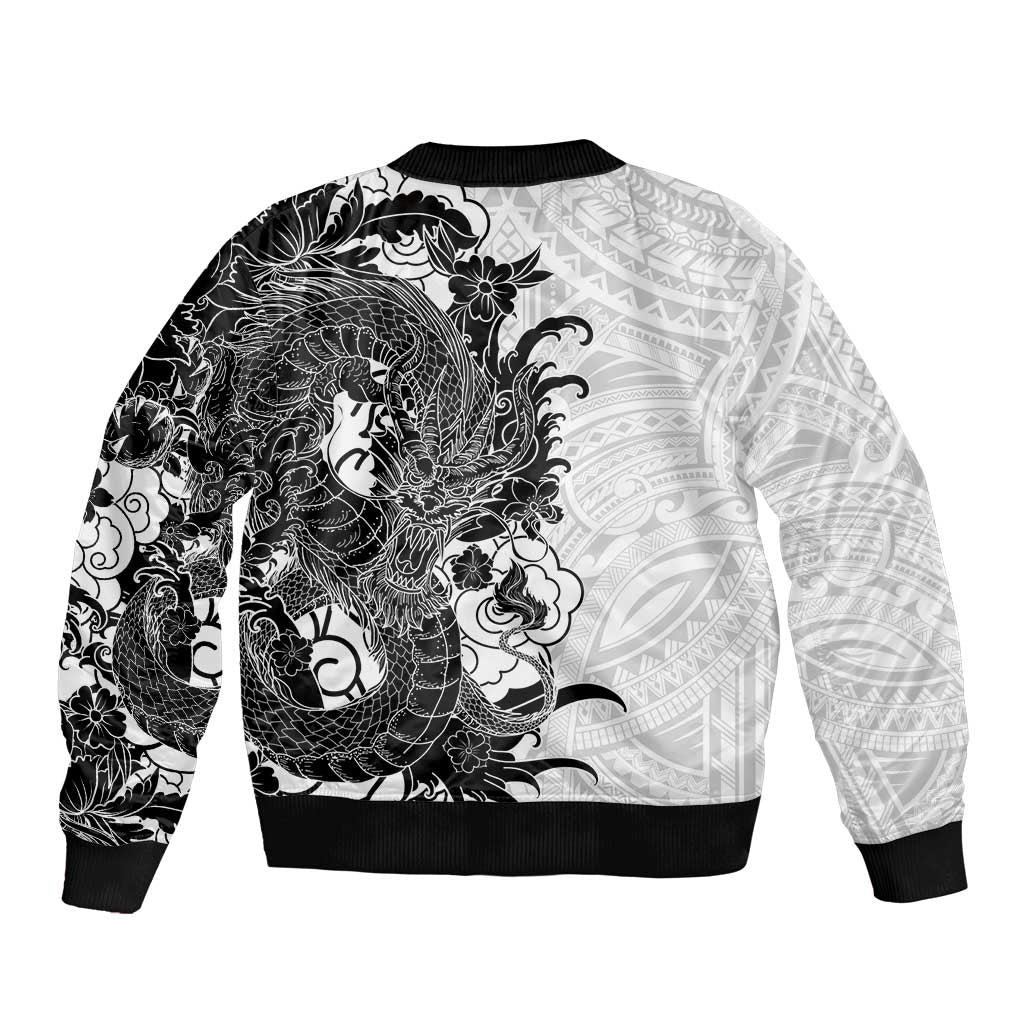 Hawaiian And Japanese Culture Bomber Jacket Irezumi Dragon With Polynesian Pattern White - Polynesian Pride