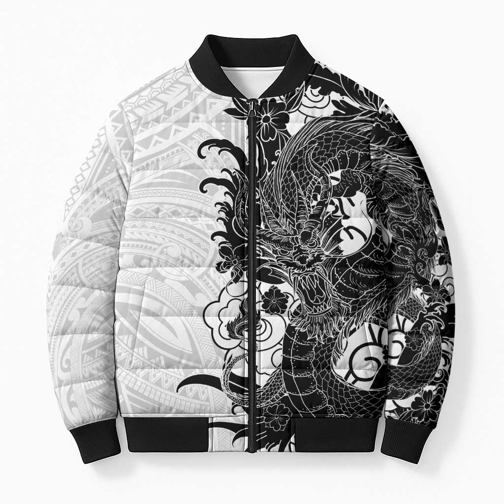 Hawaiian And Japanese Culture Bomber Puffer Jacket Irezumi Dragon With Polynesian Pattern White LT05 Unisex White - Polynesian Pride