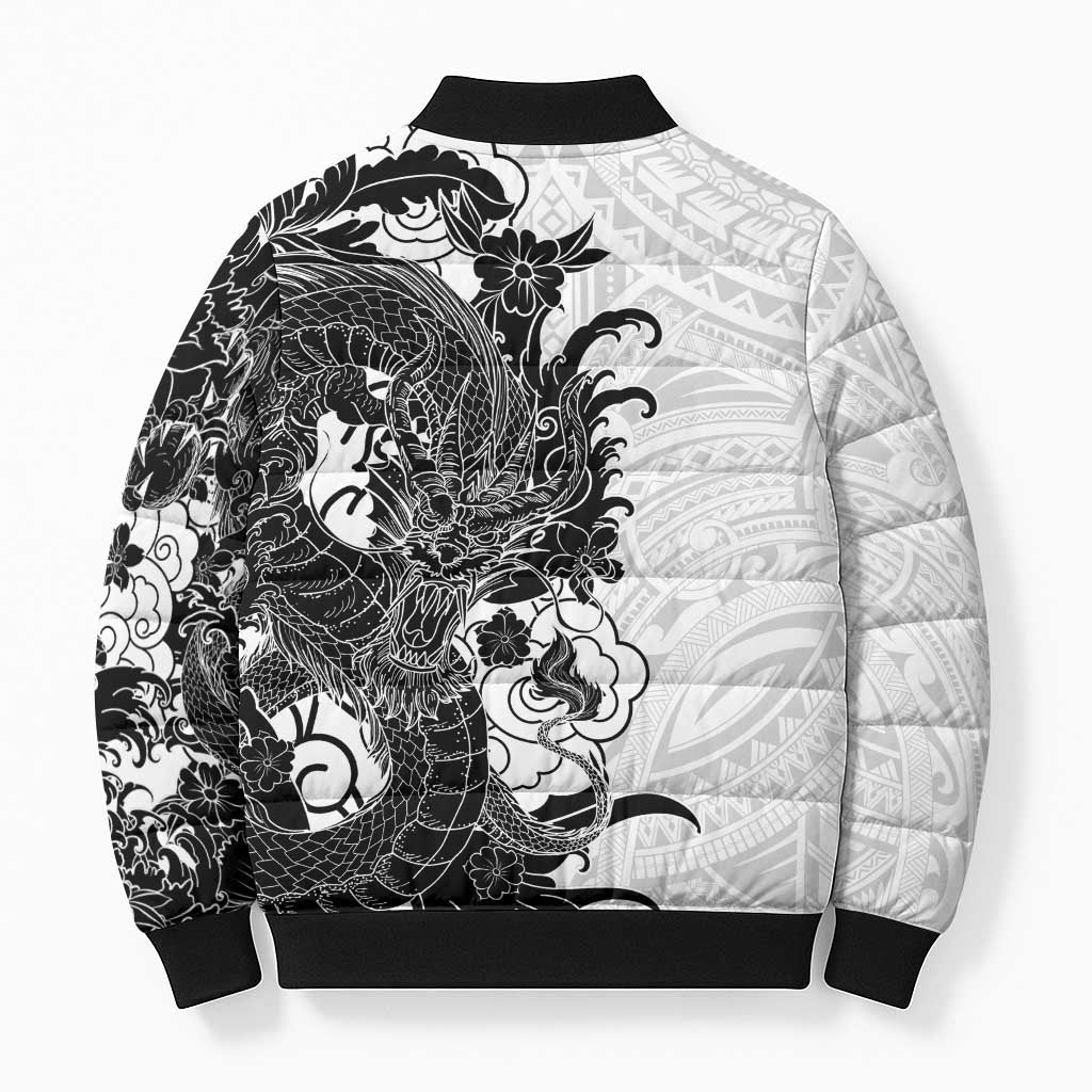 Hawaiian And Japanese Culture Bomber Puffer Jacket Irezumi Dragon With Polynesian Pattern White LT05 - Polynesian Pride
