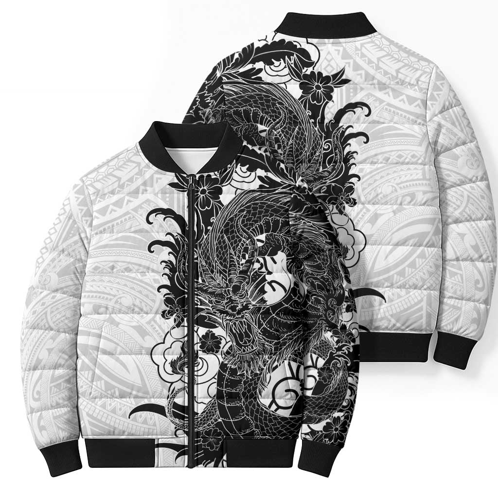 Hawaiian And Japanese Culture Bomber Puffer Jacket Irezumi Dragon With Polynesian Pattern White LT05 - Polynesian Pride