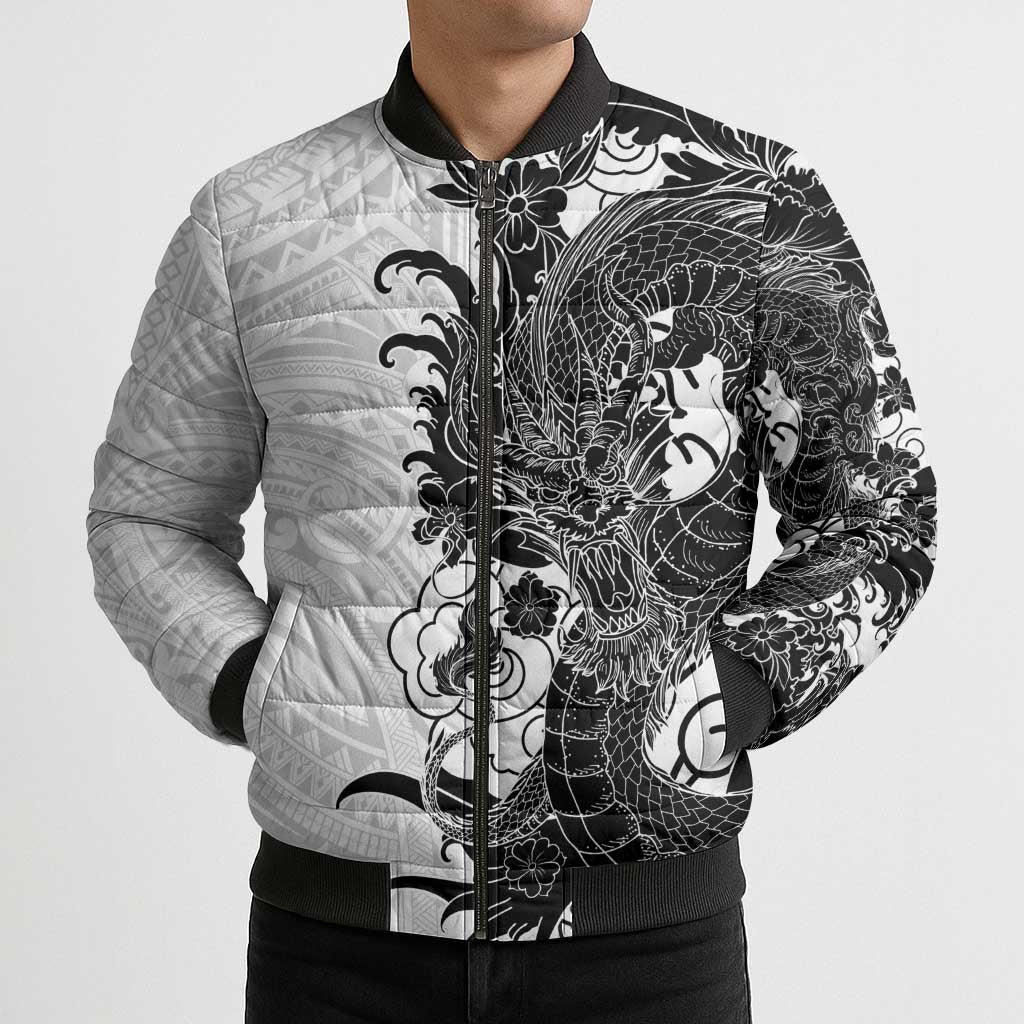 Hawaiian And Japanese Culture Bomber Puffer Jacket Irezumi Dragon With Polynesian Pattern White LT05 - Polynesian Pride