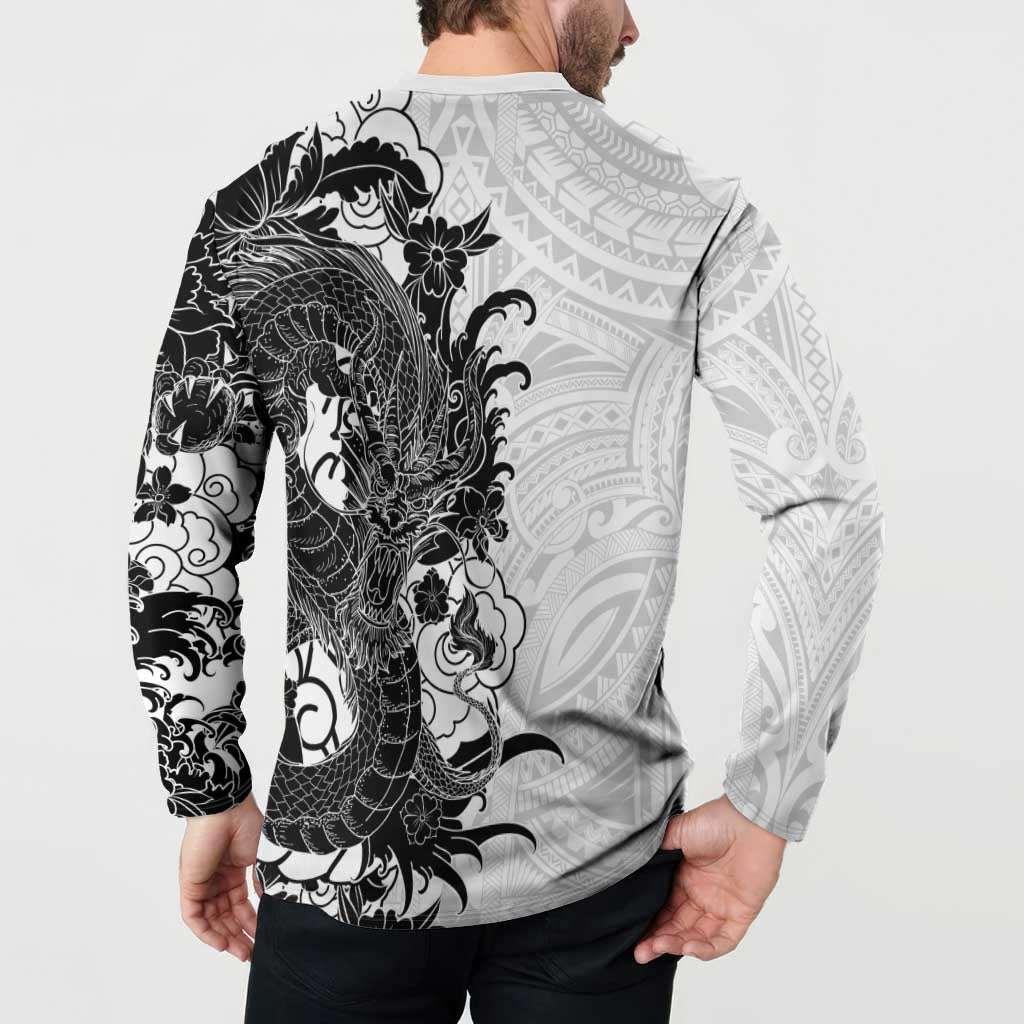 Hawaiian And Japanese Culture Button Sweatshirt Irezumi Dragon With Polynesian Pattern White LT05 - Polynesian Pride