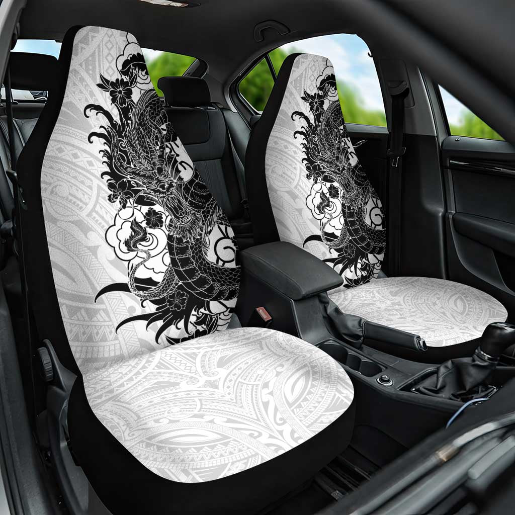 Hawaiian And Japanese Culture Car Seat Cover Irezumi Dragon With Polynesian Pattern White - Polynesian Pride