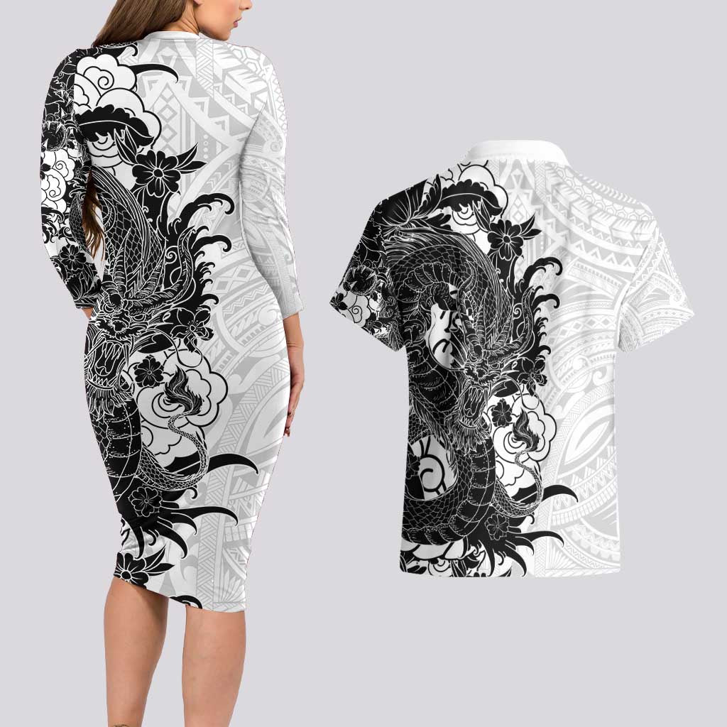Hawaiian And Japanese Culture Couples Matching Long Sleeve Bodycon Dress and Hawaiian Shirt Irezumi Dragon With Polynesian Pattern White - Polynesian Pride