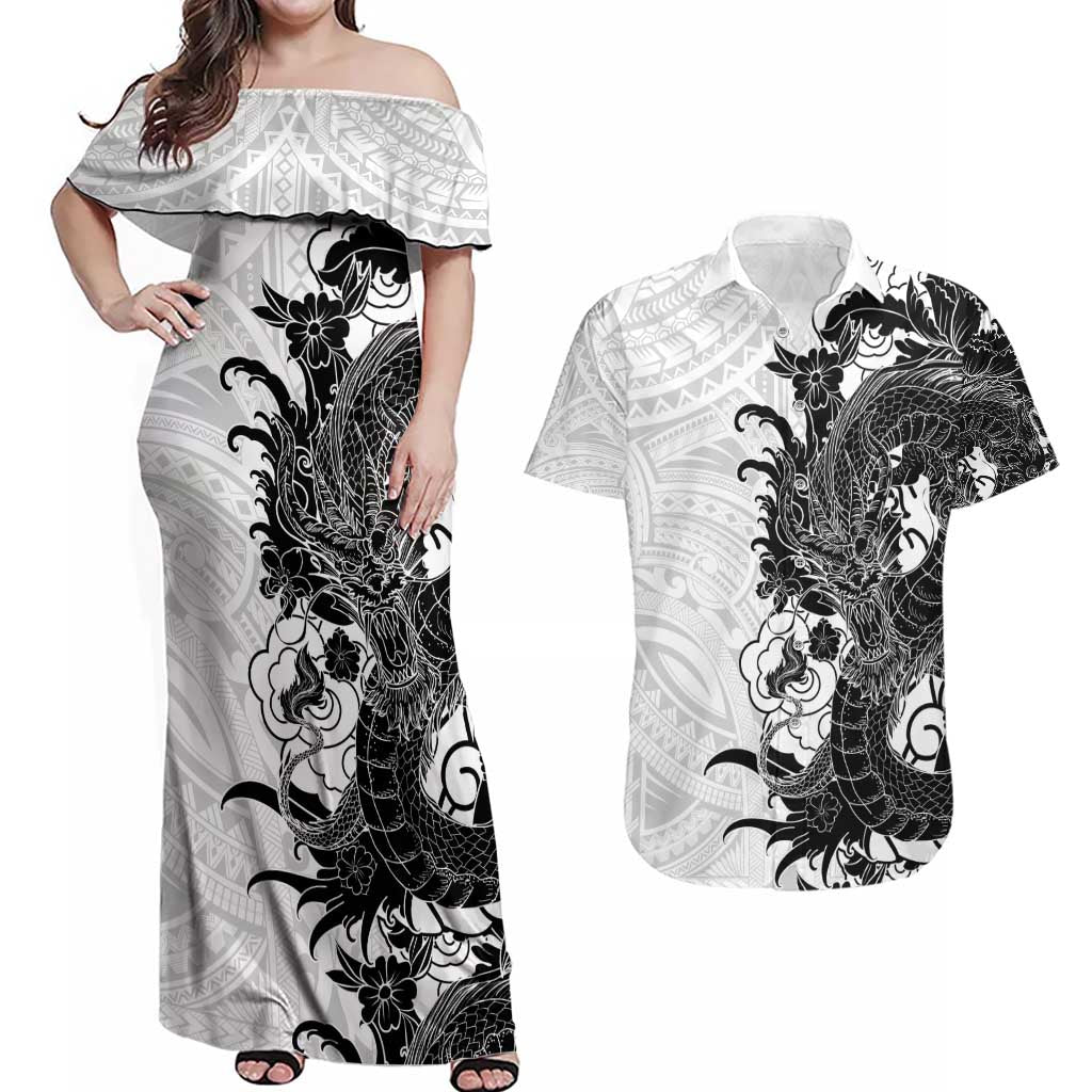 Hawaiian And Japanese Culture Couples Matching Off Shoulder Maxi Dress and Hawaiian Shirt Irezumi Dragon With Polynesian Pattern White - Polynesian Pride