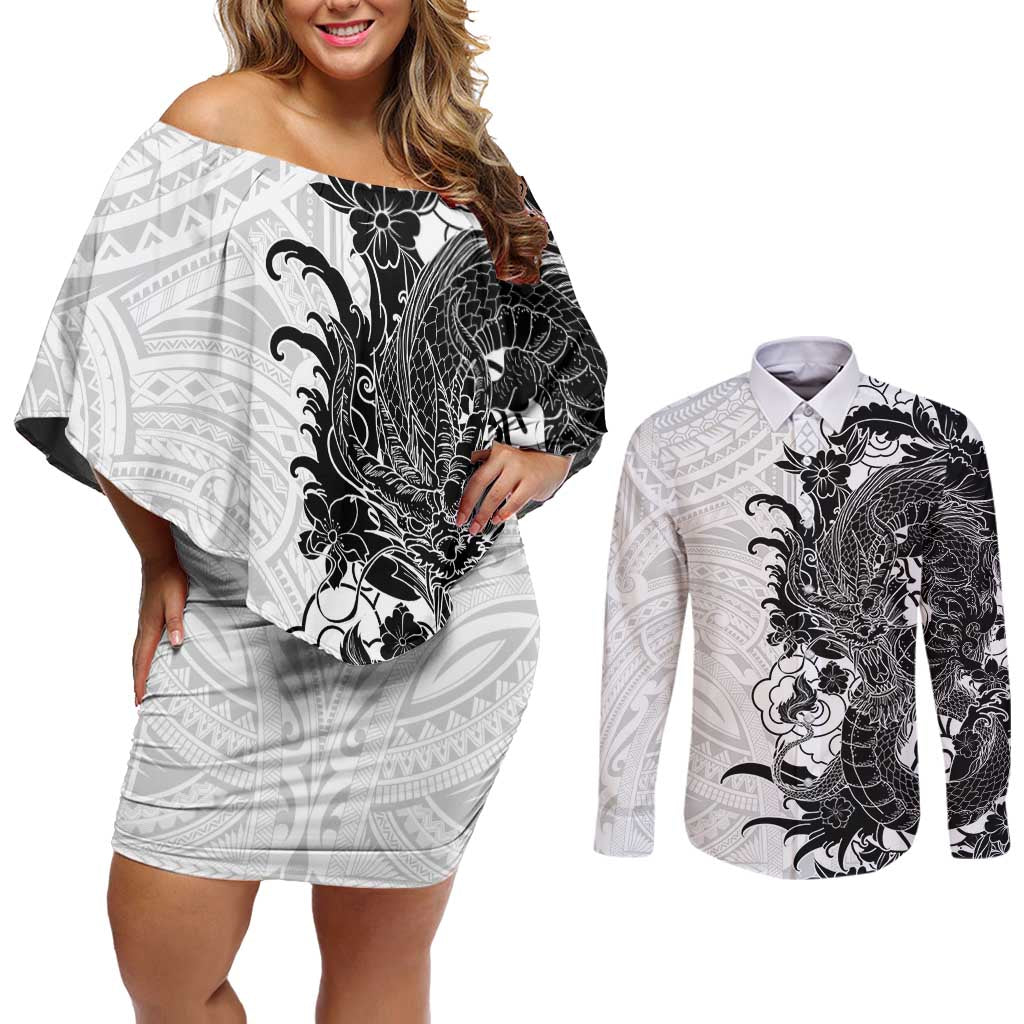 Hawaiian And Japanese Culture Couples Matching Off Shoulder Short Dress and Long Sleeve Button Shirt Irezumi Dragon With Polynesian Pattern White - Polynesian Pride
