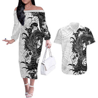 Hawaiian And Japanese Culture Couples Matching Off The Shoulder Long Sleeve Dress and Hawaiian Shirt Irezumi Dragon With Polynesian Pattern White - Polynesian Pride