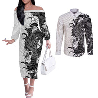 Hawaiian And Japanese Culture Couples Matching Off The Shoulder Long Sleeve Dress and Long Sleeve Button Shirt Irezumi Dragon With Polynesian Pattern White - Polynesian Pride