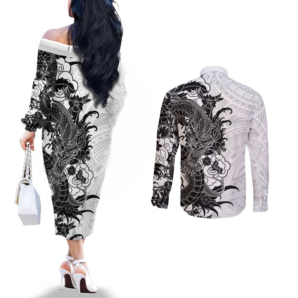 Hawaiian And Japanese Culture Couples Matching Off The Shoulder Long Sleeve Dress and Long Sleeve Button Shirt Irezumi Dragon With Polynesian Pattern White - Polynesian Pride
