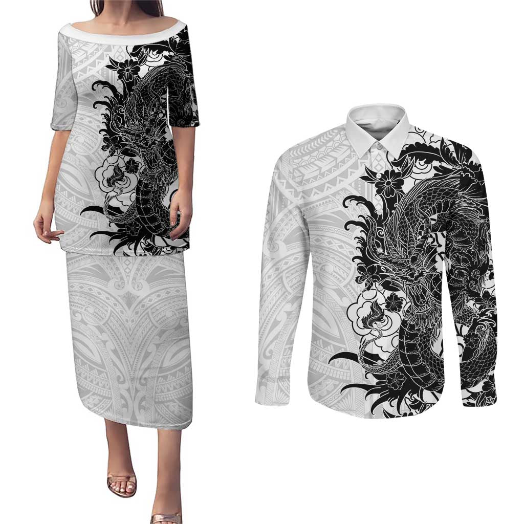 Hawaiian And Japanese Culture Couples Matching Puletasi and Long Sleeve Button Shirt Irezumi Dragon With Polynesian Pattern White LT05 White - Polynesian Pride