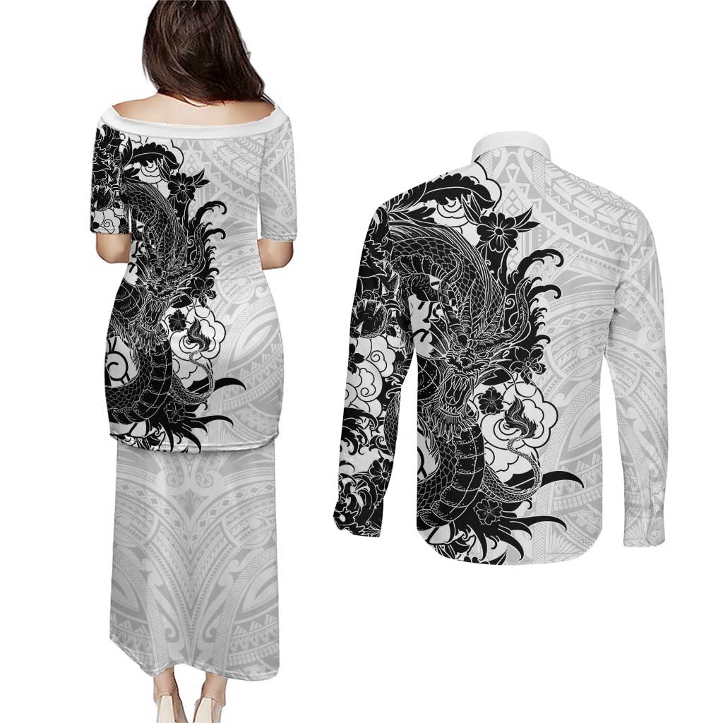 Hawaiian And Japanese Culture Couples Matching Puletasi and Long Sleeve Button Shirt Irezumi Dragon With Polynesian Pattern White LT05 - Polynesian Pride